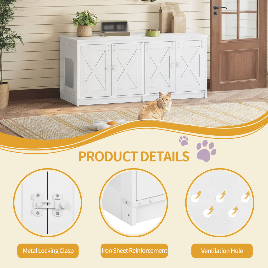 Hzuaneri Cat Cabinet, Cat Litter Tray Cabinet for 2 Cats, Hidden Cat Litter Box Cabinet, Indoor Cat House, Farmhouse Style, 119 x 48 x 53.5 cm, White CB85313W