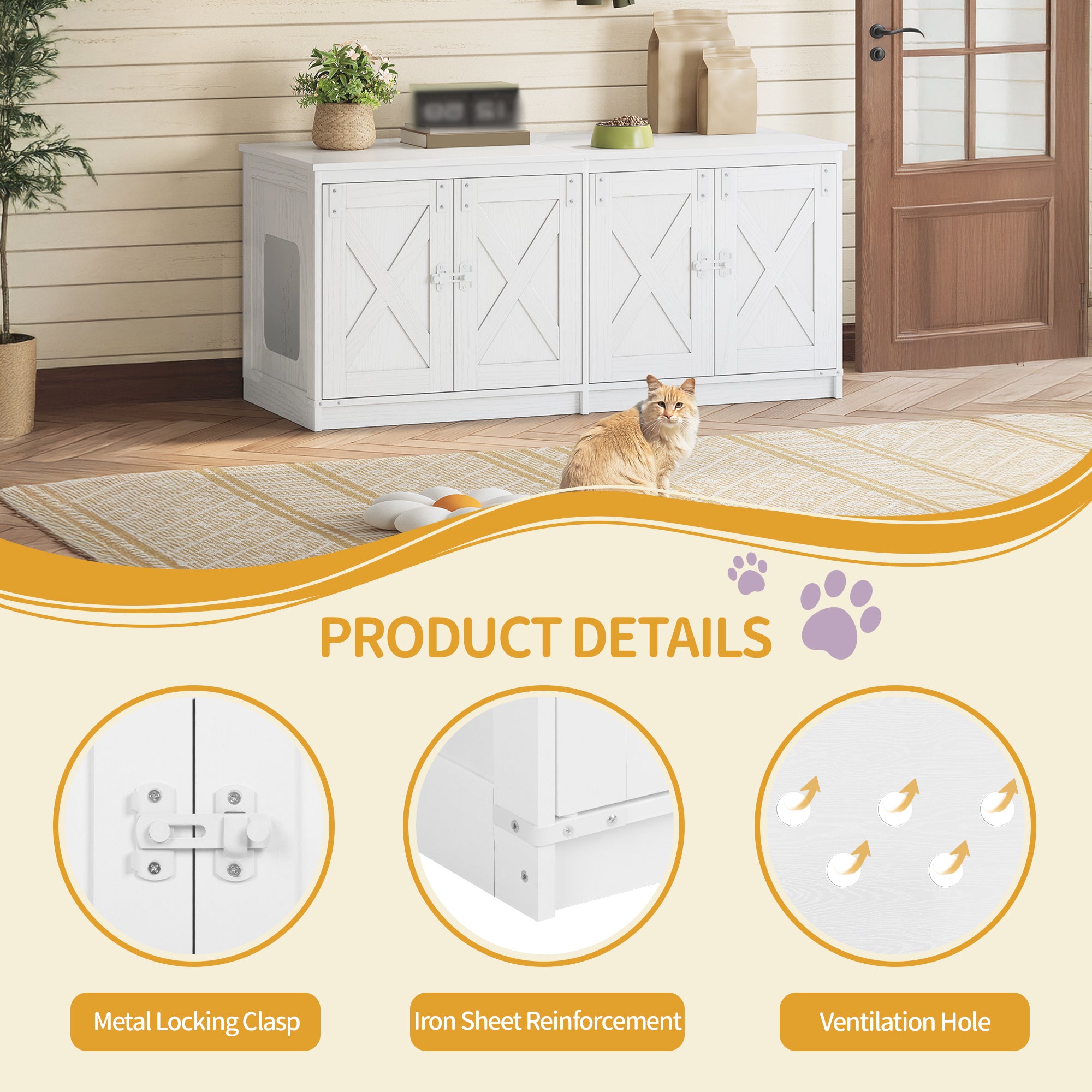 Hzuaneri Cat Cabinet, Cat Litter Tray Cabinet for 2 Cats, Hidden Cat Litter Box Cabinet, Indoor Cat House, Farmhouse Style, 119 x 48 x 53.5 cm, White CB85313W