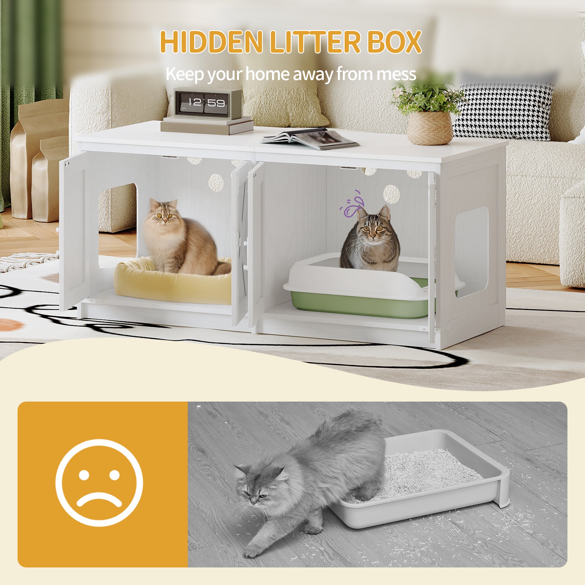 Hzuaneri Cat Cabinet, Cat Litter Tray Cabinet for 2 Cats, Hidden Cat Litter Box Cabinet, Indoor Cat House, Farmhouse Style, 119 x 48 x 53.5 cm, White CB85313W