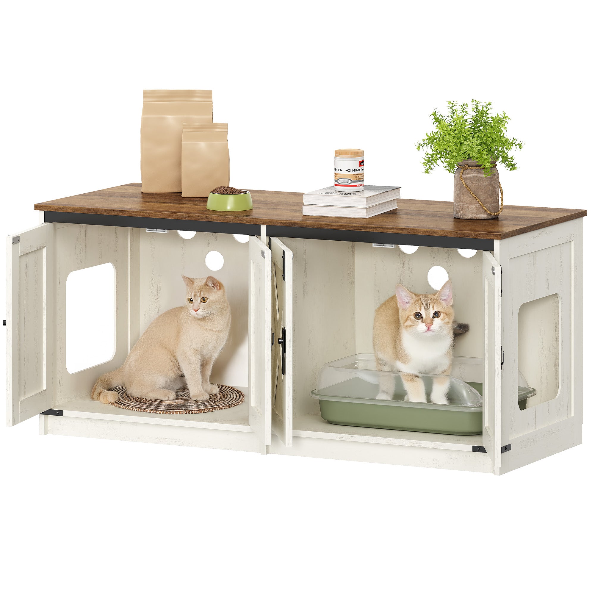 Hzuaneri Cat Cabinet, Cat Litter Box Cabinet for 2 Cats, Hidden Cat Litter Box Cabinet, Brown and White CB85314X