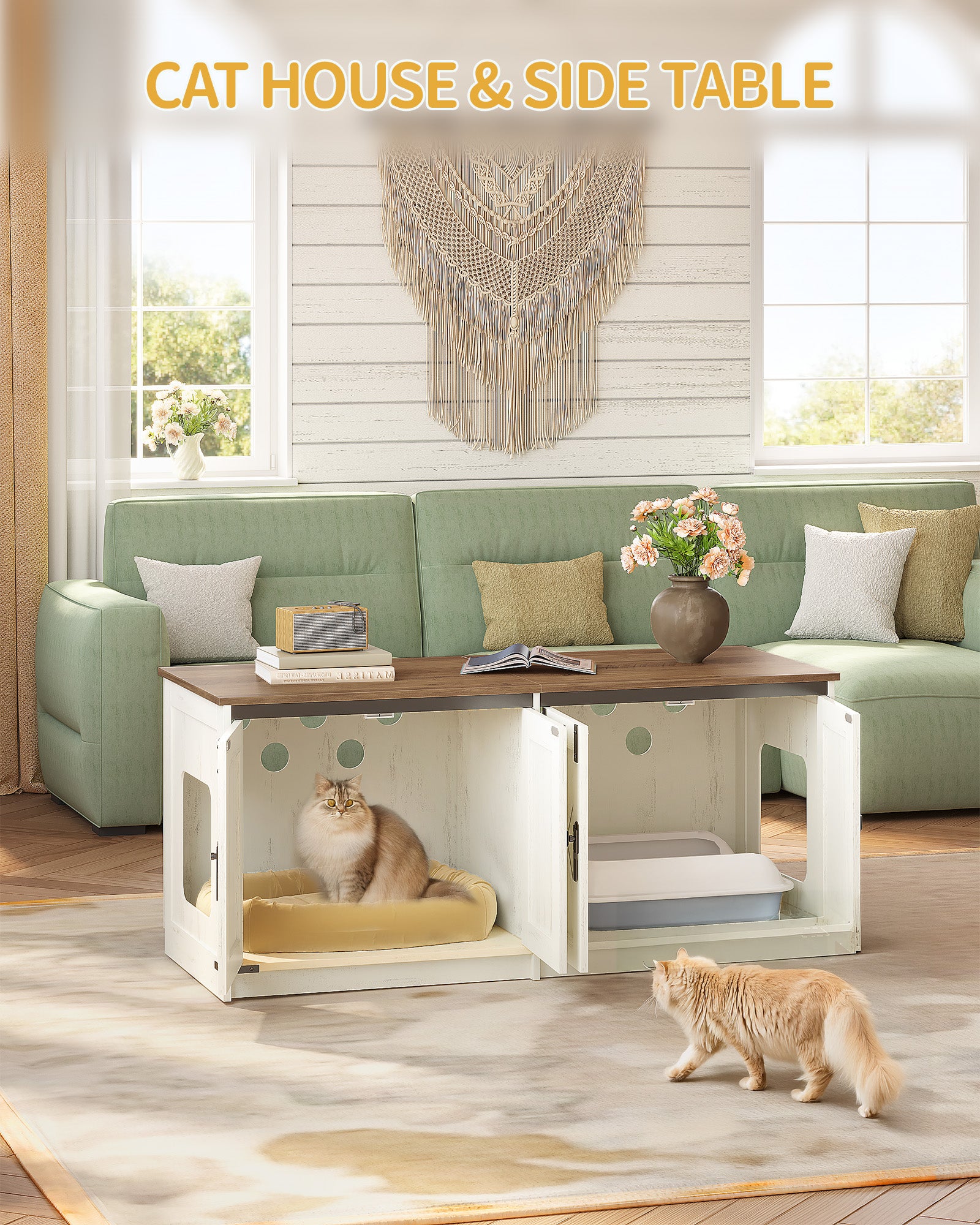 Hzuaneri Cat Cabinet, Cat Litter Box Cabinet for 2 Cats, Hidden Cat Litter Box Cabinet, Brown and White CB85314X