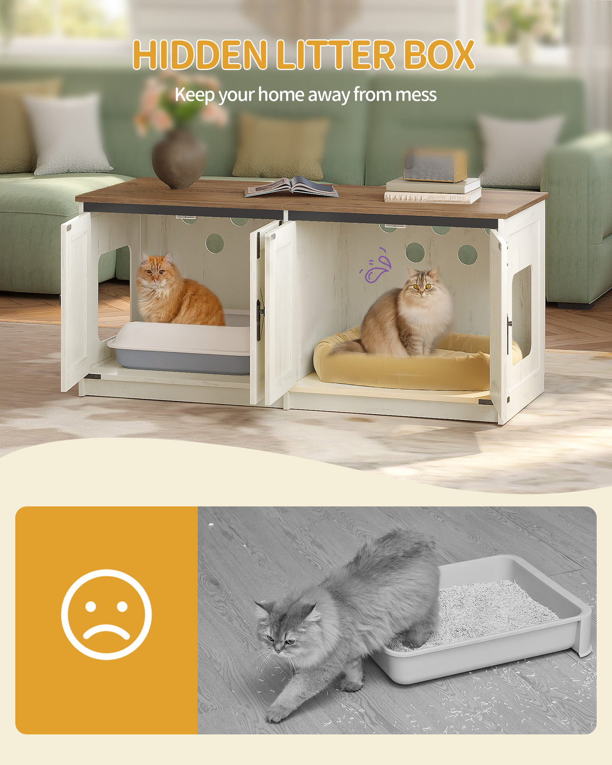 Hzuaneri Cat Cabinet, Cat Litter Box Cabinet for 2 Cats, Hidden Cat Litter Box Cabinet, Brown and White CB85314X