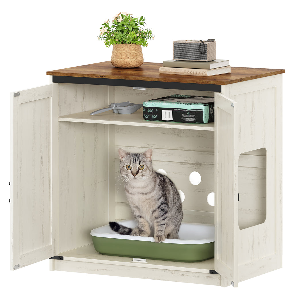 Hzuaneri Cat Litter Box Enclosure, Farmhouse Hidden Litter Box Cabinet Furniture with 2 Door, Indoor Cat House with Adjustable Dividers, 80 x 50 x 79.5cm, Rustic Brown and White CB85414X