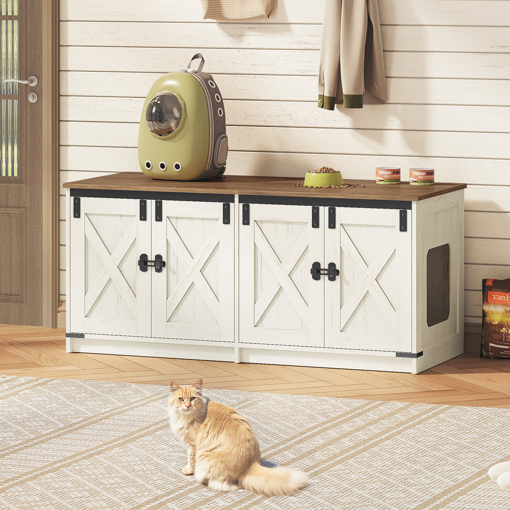 Hzuaneri Cat Litter Box Enclosure, Farmhouse Hidden Litter Box Cabinet Furniture with 2 Door, Indoor Cat House with Adjustable Dividers, 80 x 50 x 79.5cm, Rustic Brown and White CB85414X