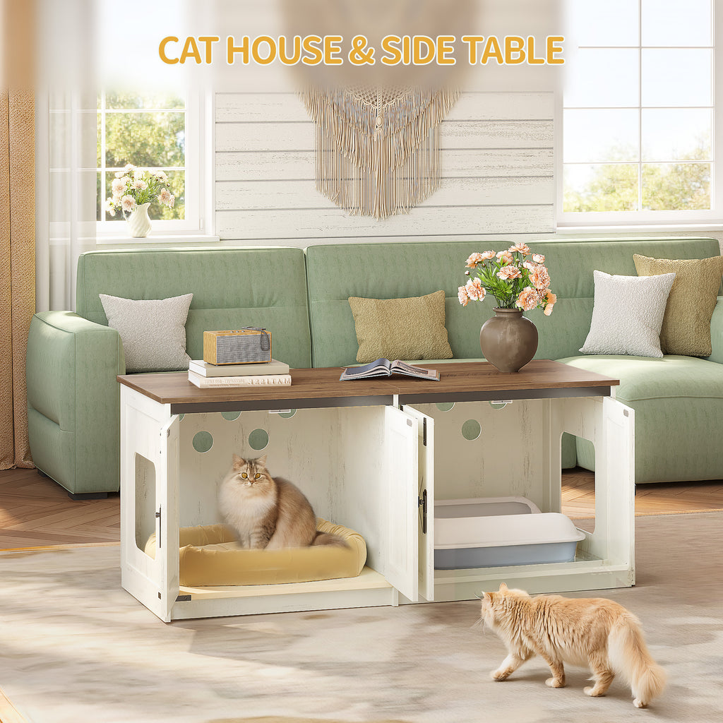 Hzuaneri Cat Litter Box Enclosure, Farmhouse Hidden Litter Box Cabinet Furniture with 2 Door, Indoor Cat House with Adjustable Dividers, 80 x 50 x 79.5cm, Rustic Brown and White CB85414X