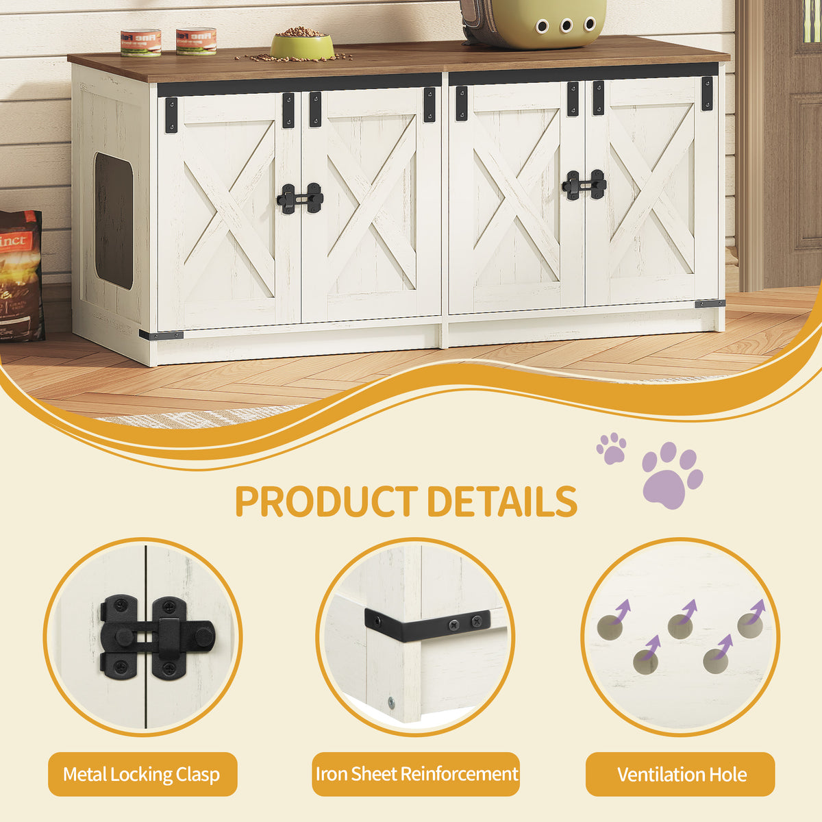 Hzuaneri Cat Litter Box Enclosure, Farmhouse Hidden Litter Box Cabinet Furniture with 2 Door, Indoor Cat House with Adjustable Dividers, 80 x 50 x 79.5cm, Rustic Brown and White CB85414X