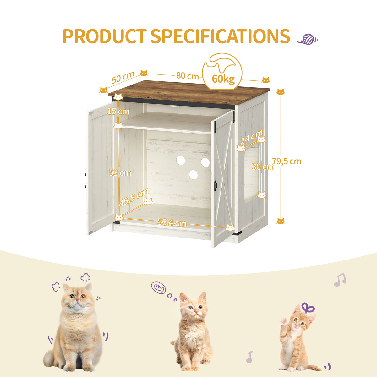 Hzuaneri Cat Litter Box Enclosure, Farmhouse Hidden Litter Box Cabinet Furniture with 2 Door, Indoor Cat House with Adjustable Dividers, 80 x 50 x 79.5cm, Rustic Brown and White CB85414X