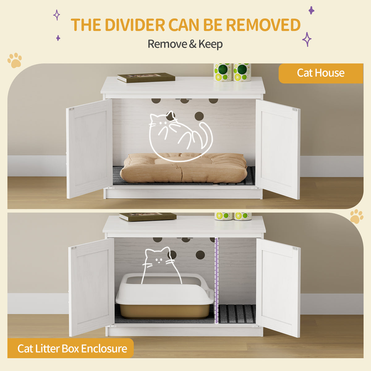 Hzuaneri Cat Litter Box Enclosure, Hidden Litter Box Furniture with Detachable Dividers, Reversible Entrance Left or Right Side, Wooden Cat House, 80 x 50 x 54 cm, White CB86613W
