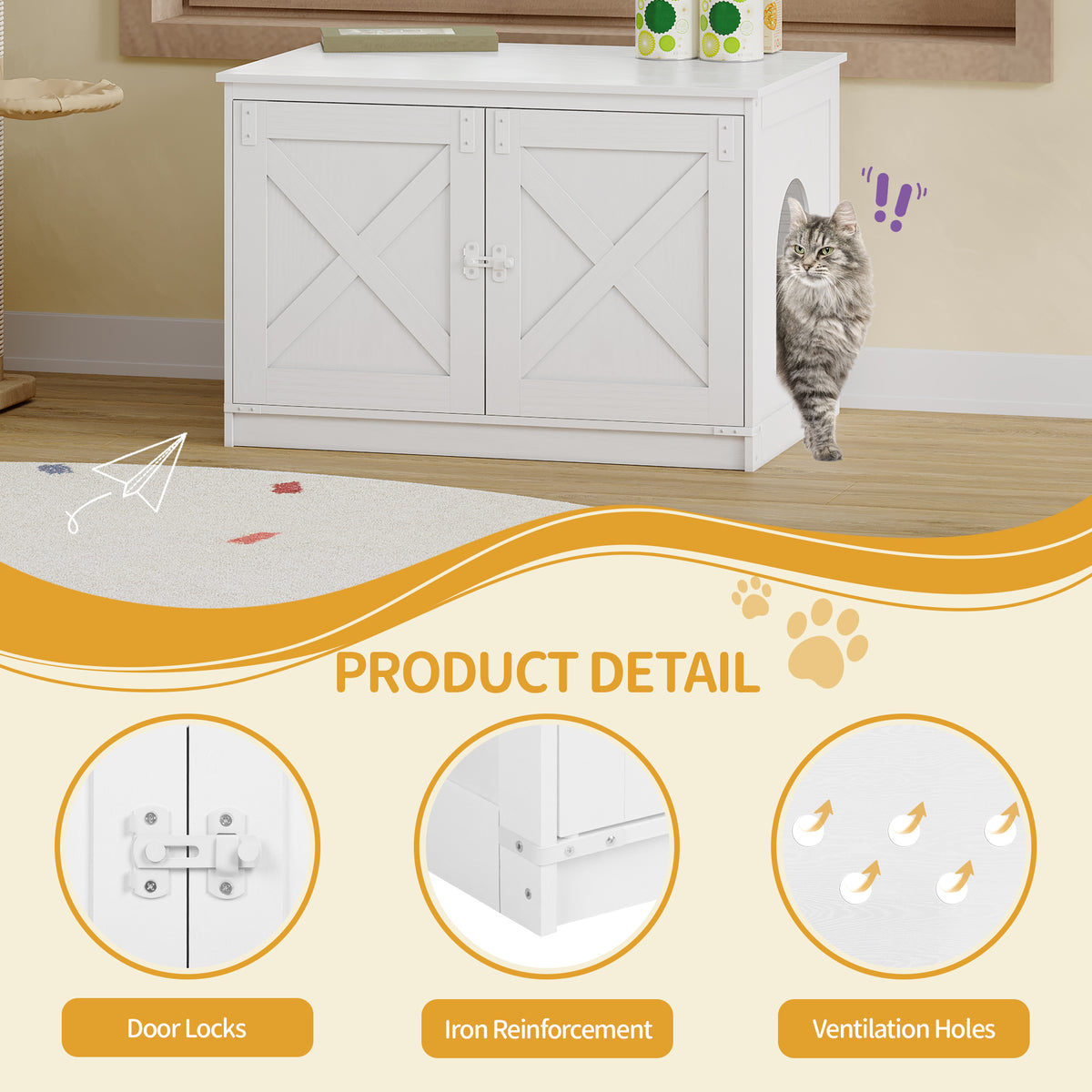 Hzuaneri Cat Litter Box Enclosure, Hidden Litter Box Furniture with Detachable Dividers, Reversible Entrance Left or Right Side, Wooden Cat House, 80 x 50 x 54 cm, White CB86613W