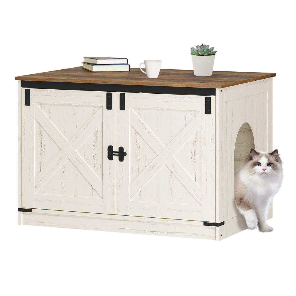 Hzuaneri Cat Litter Box Enclosure, Hidden Litter Box Furniture with Detachable Dividers, Reversible Entrance Left or Right Side, Wooden Cat House, 80 x 50 x 54 cm, Rustic Brown and White CB86614X