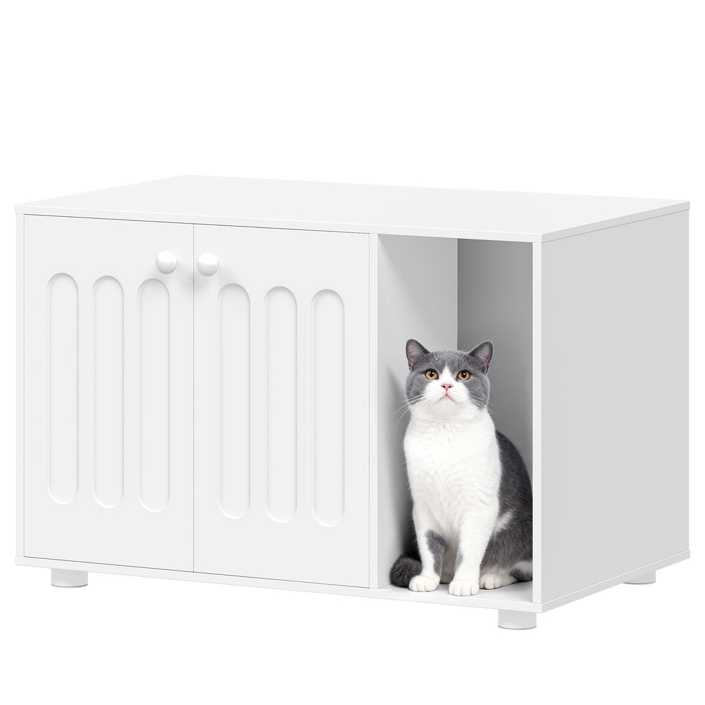Hzuaneri Cat Litter Box Enclosure, Hidden Litter Box Cabinet Furniture with Legs, Wooden Cat Litter Cupboard with 2 Door and Independent Partition, Modern Style, 80 x 48 x 51 cm, White CB87903X