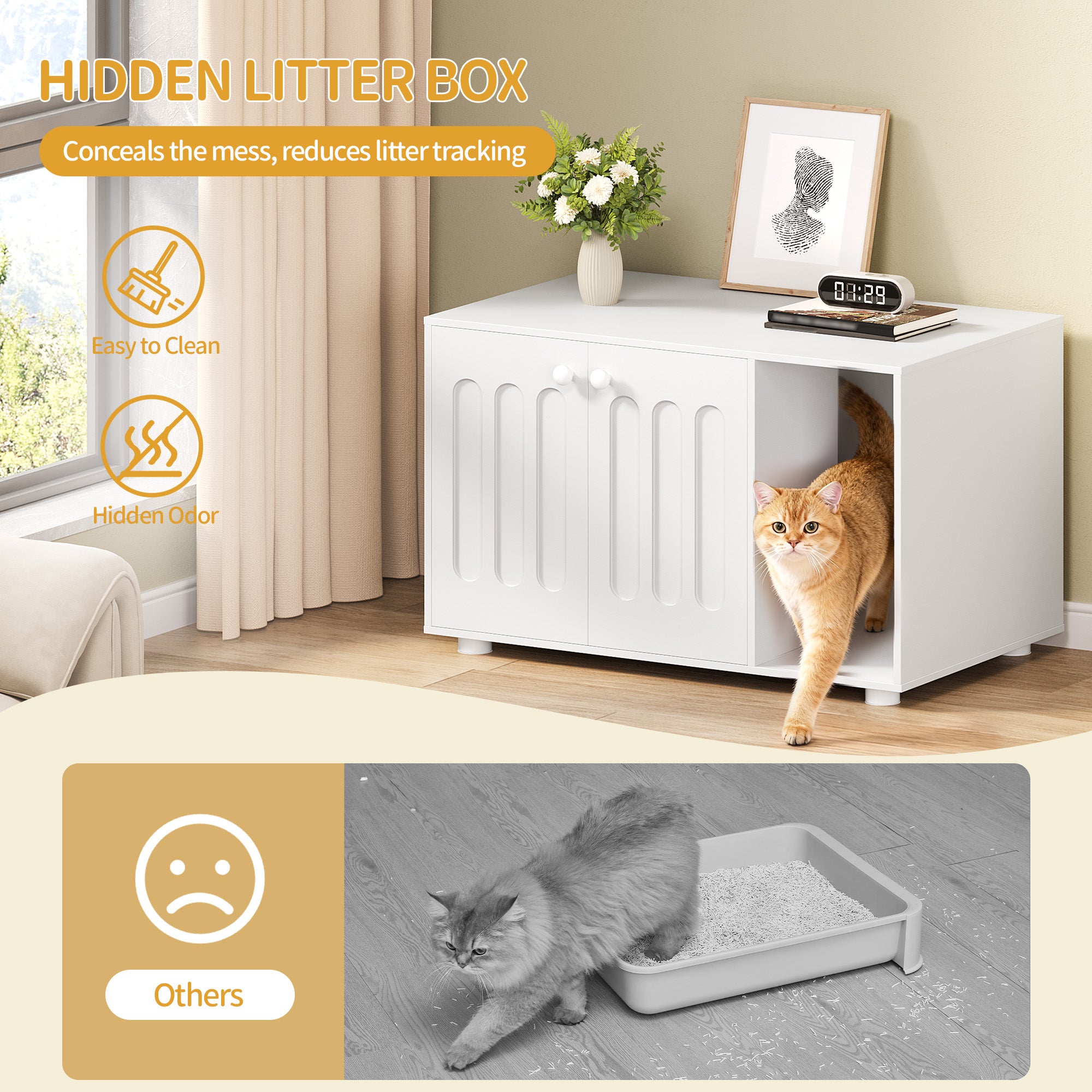 Hzuaneri Cat Litter Box Enclosure, Hidden Litter Box Cabinet Furniture with Legs, Wooden Cat Litter Cupboard with 2 Door and Independent Partition, Modern Style, 80 x 48 x 51 cm, White CB87903X