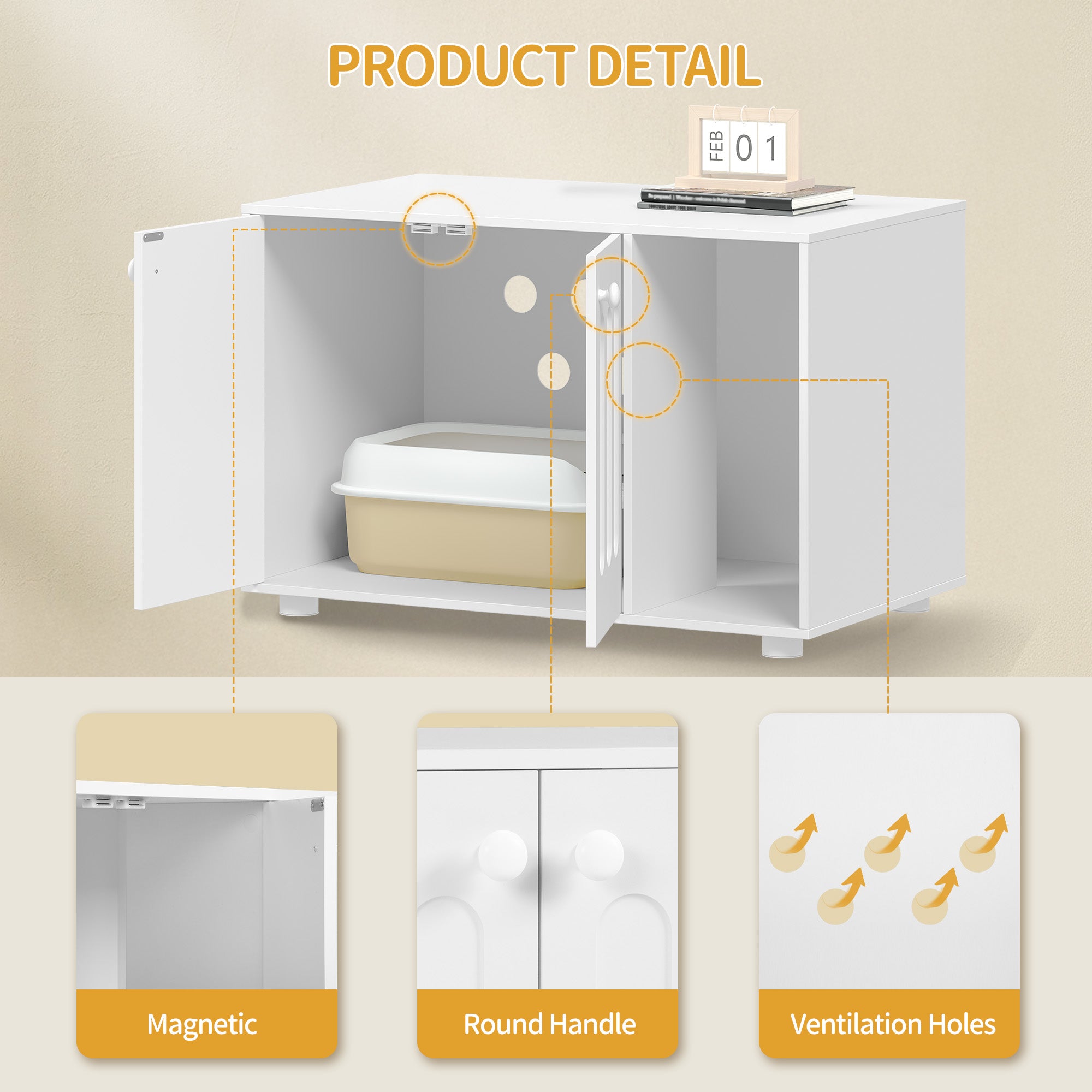 Hzuaneri Cat Litter Box Enclosure, Hidden Litter Box Cabinet Furniture with Legs, Wooden Cat Litter Cupboard with 2 Door and Independent Partition, Modern Style, 80 x 48 x 51 cm, White CB87903X