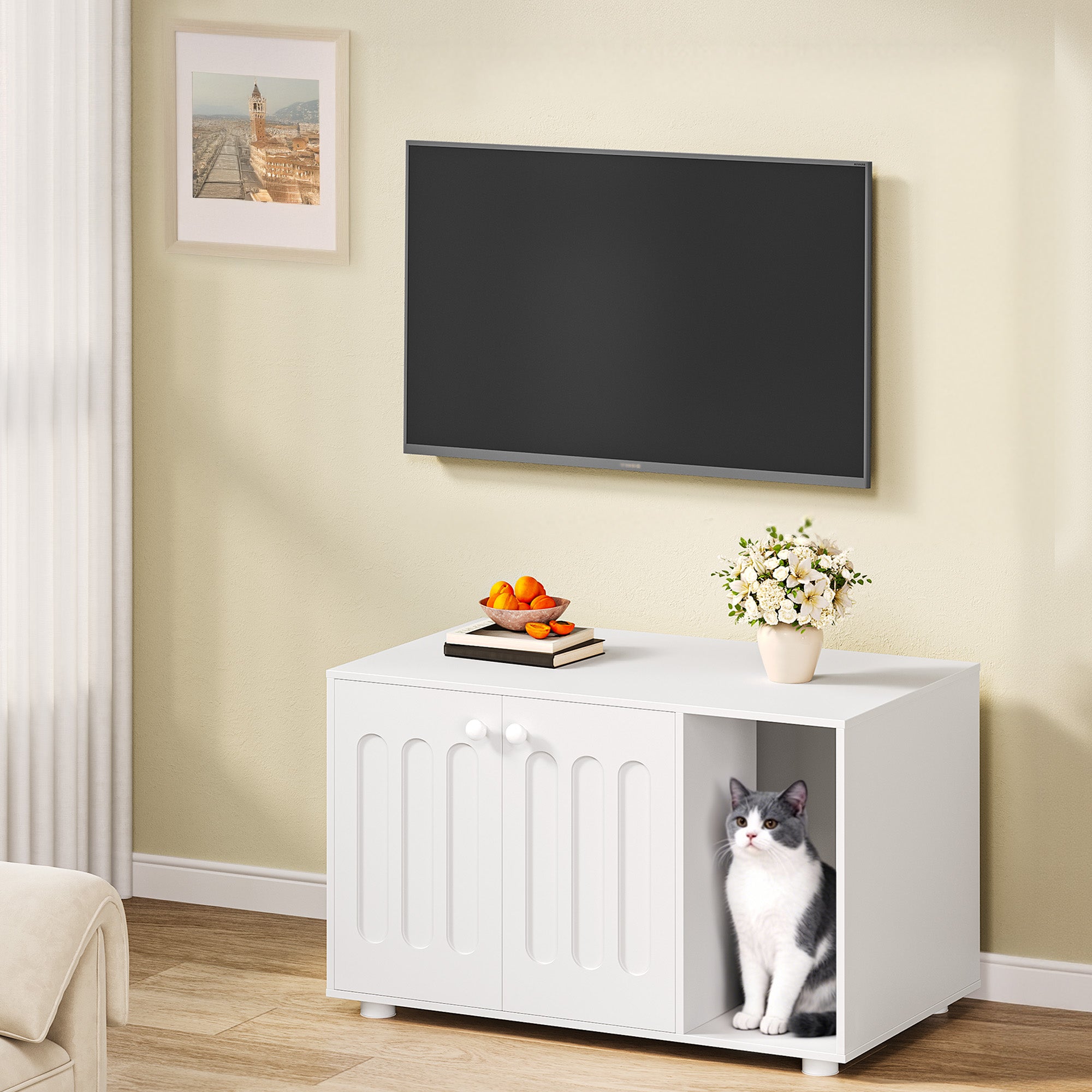 Hzuaneri Cat Litter Box Enclosure, Hidden Litter Box Cabinet Furniture with Legs, Wooden Cat Litter Cupboard with 2 Door and Independent Partition, Modern Style, 80 x 48 x 51 cm, White CB87903X
