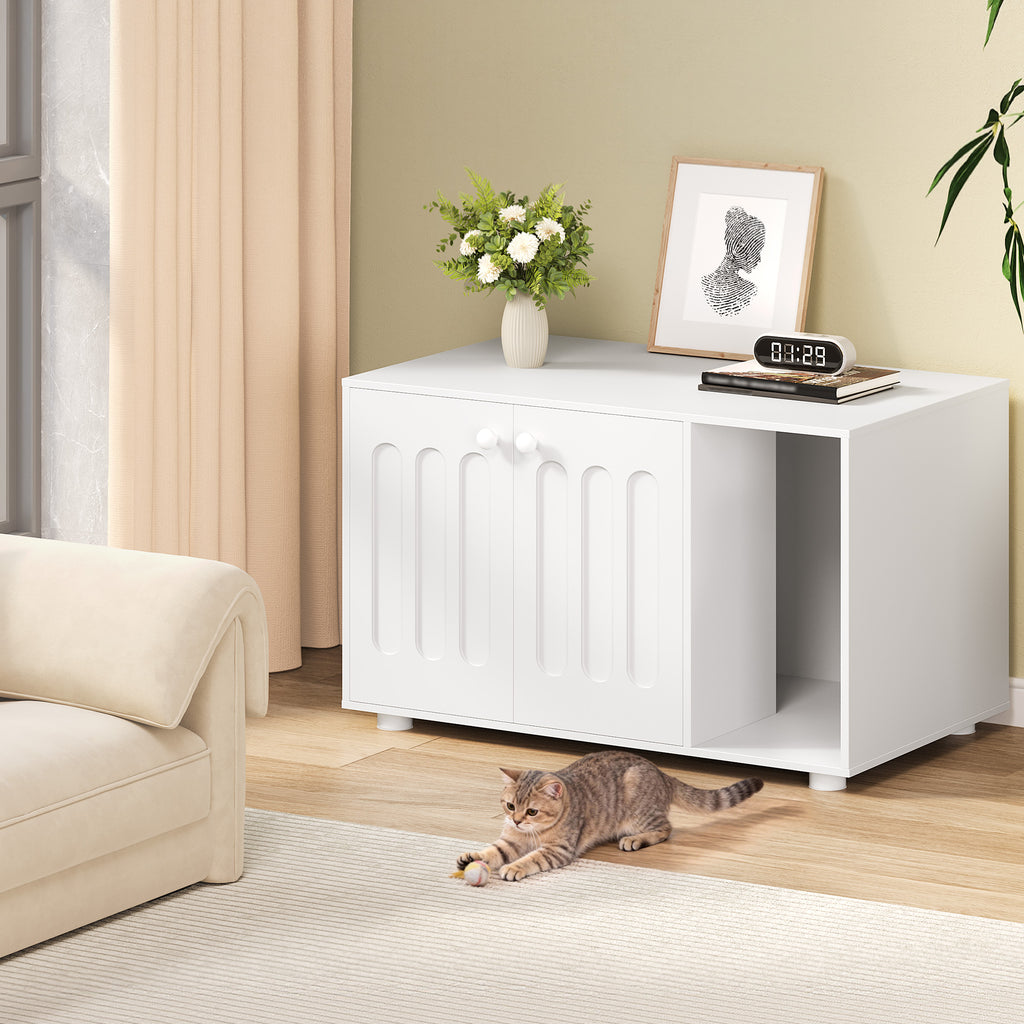 Hzuaneri Cat Litter Box Enclosure, Hidden Litter Box Cabinet Furniture with Legs, Wooden Cat Litter Cupboard with 2 Door and Independent Partition, Modern Style, 80 x 48 x 51 cm, White CB87903X