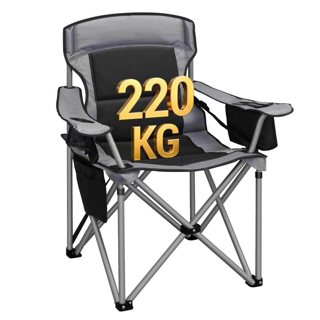 Hzuaneri Folding Camping Chair for Adults Oversized 220KG, Heavy Duty Padded Camping Chair with Adjustable Lumbar Support, Cooler Bag, Cup Holder for Garden Balcony Fishing Black and Grey CC00299EGR