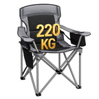 Hzuaneri Folding Camping Chair for Adults Oversized 220KG, Heavy Duty Padded Camping Chair with Adjustable Lumbar Support, Cooler Bag, Cup Holder for Garden Balcony Fishing Black and Grey CC00299EGR