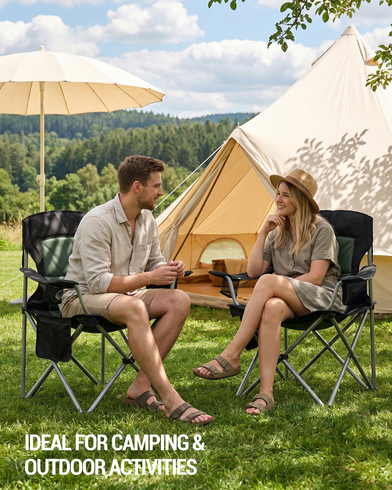 Hzuaneri Folding Camping Chair for Adults Oversized 220KG, Heavy Duty Padded Camping Chair with Adjustable Lumbar Support, Cooler Bag, Cup Holder for Garden Balcony Fishing Black and Green CC00299EAG
