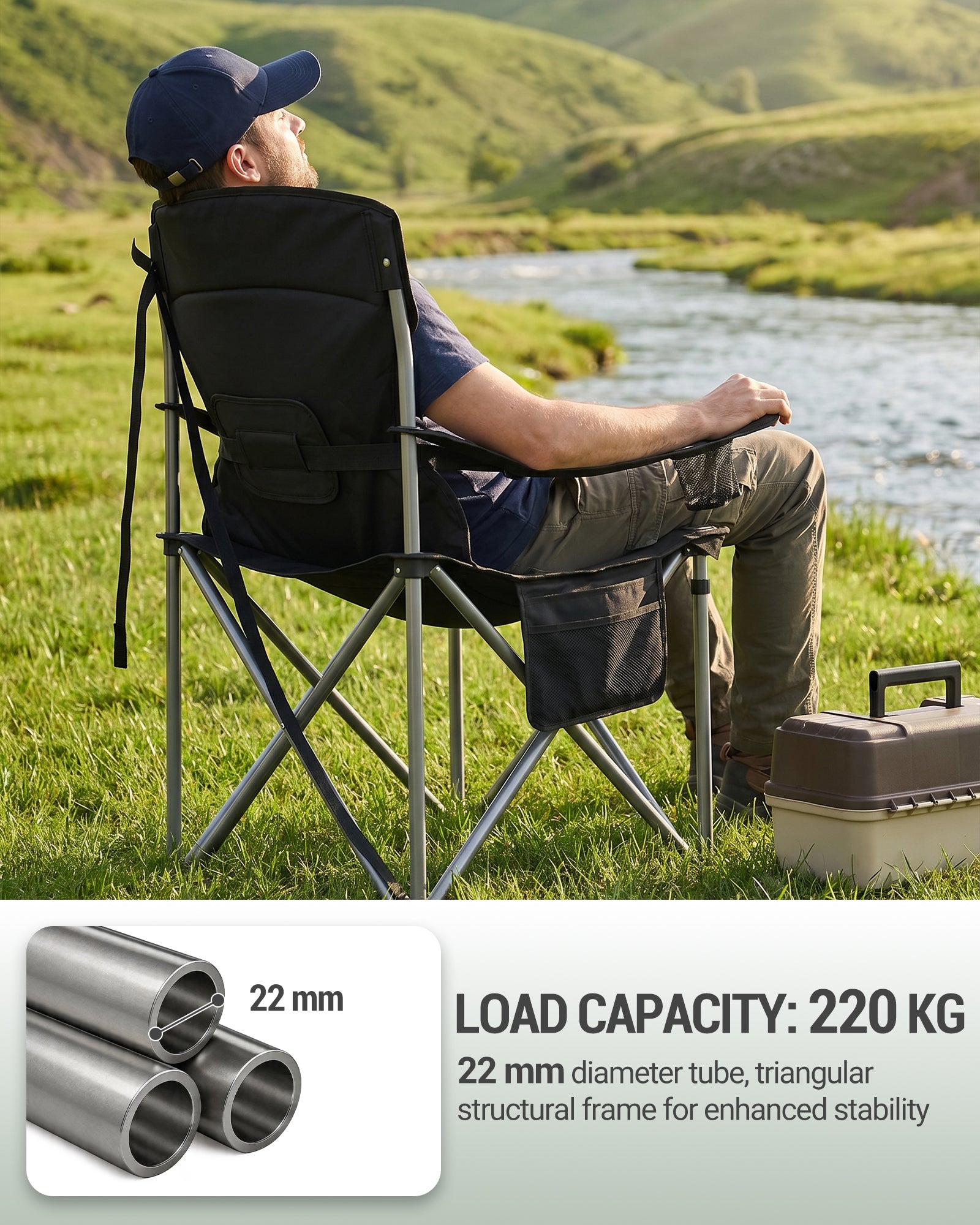Hzuaneri Folding Camping Chair for Adults Oversized 220KG, Heavy Duty Padded Camping Chair with Adjustable Lumbar Support, Cooler Bag, Cup Holder for Garden Balcony Fishing Black and Green CC00299EAG
