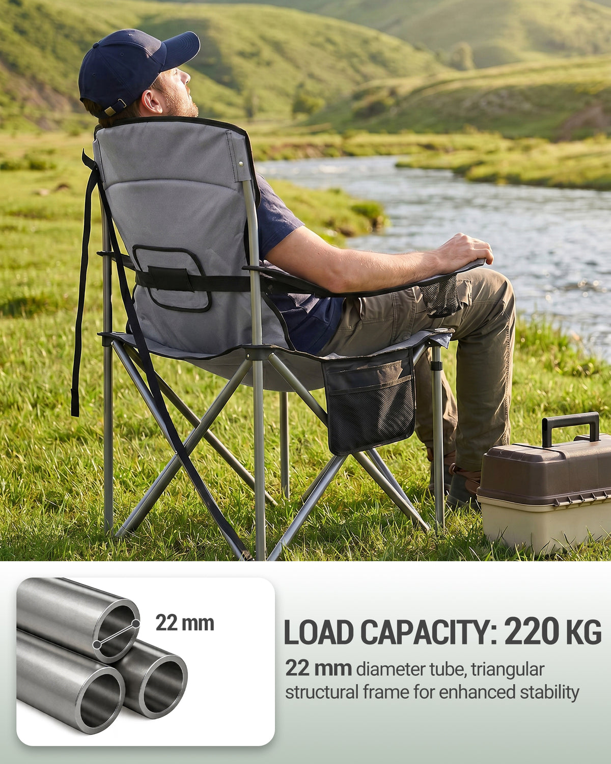 Hzuaneri Folding Camping Chair for Adults Oversized 220KG, Heavy Duty Padded Camping Chair with Adjustable Lumbar Support, Cooler Bag, Cup Holder for Garden Balcony Fishing Black and Grey CC00299EGR
