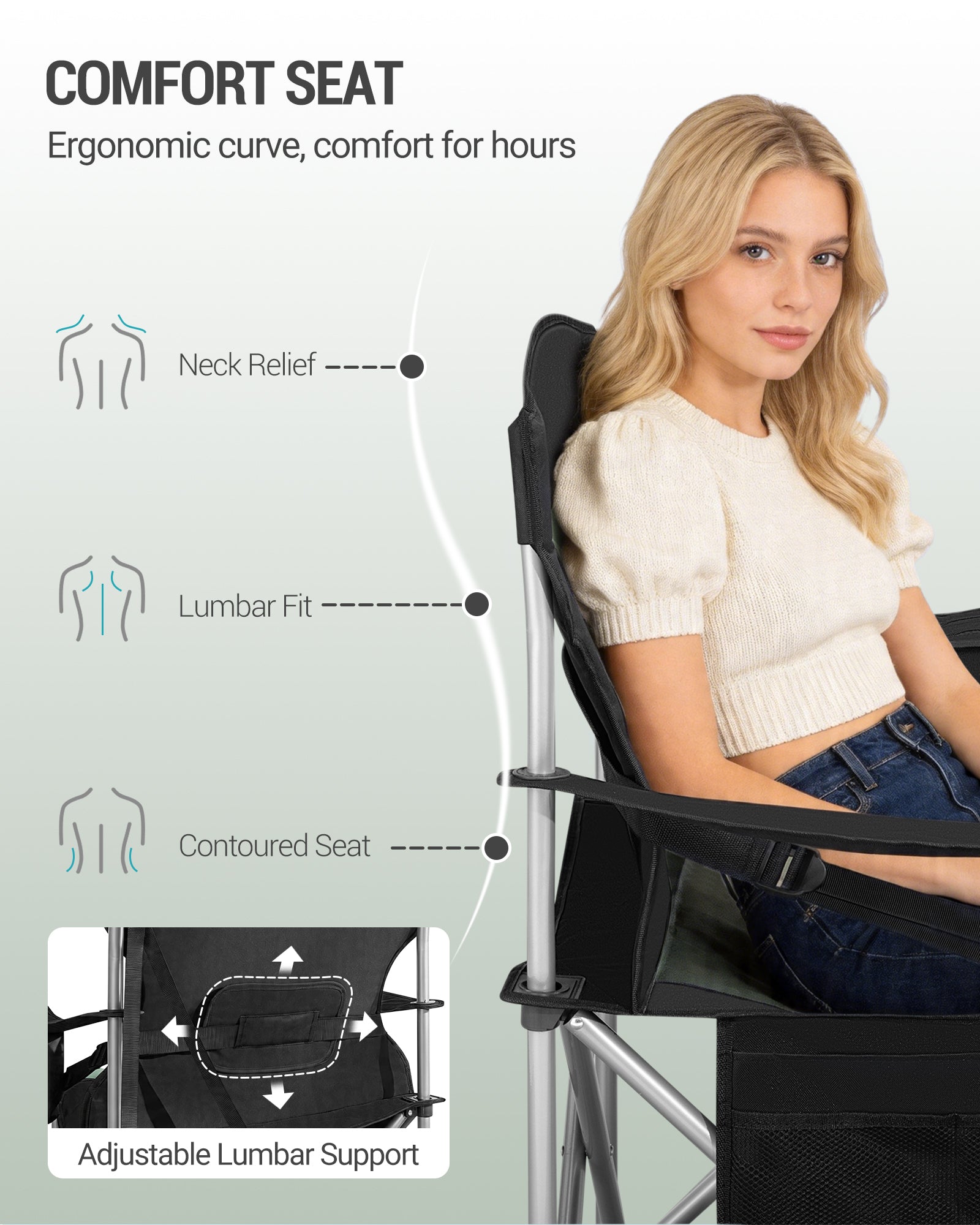Hzuaneri Folding Camping Chair for Adults Oversized 220KG, Heavy Duty Padded Camping Chair with Adjustable Lumbar Support, Cooler Bag, Cup Holder for Garden Balcony Fishing Black and Green CC00299EAG