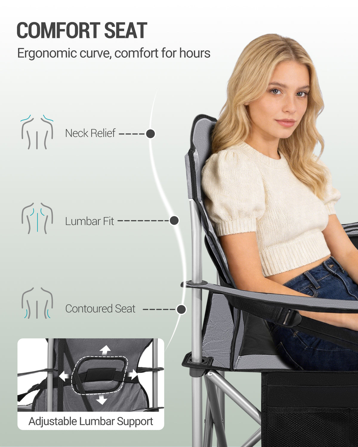 Hzuaneri Folding Camping Chair for Adults Oversized 220KG, Heavy Duty Padded Camping Chair with Adjustable Lumbar Support, Cooler Bag, Cup Holder for Garden Balcony Fishing Black and Grey CC00299EGR