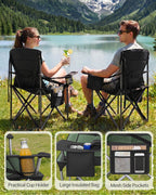Hzuaneri Folding Camping Chair for Adults Oversized 220KG, Heavy Duty Padded Camping Chair with Adjustable Lumbar Support, Cooler Bag, Cup Holder for Garden Balcony Fishing Black and Green CC00299EAG