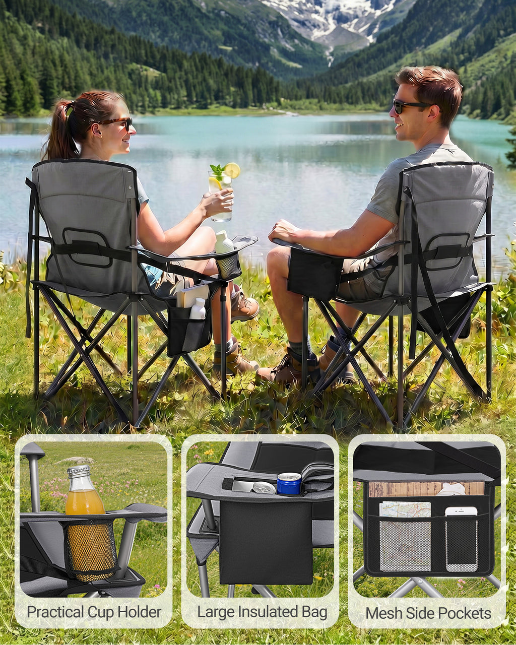 Hzuaneri Folding Camping Chair for Adults Oversized 220KG, Heavy Duty Padded Camping Chair with Adjustable Lumbar Support, Cooler Bag, Cup Holder for Garden Balcony Fishing Black and Grey CC00299EGR