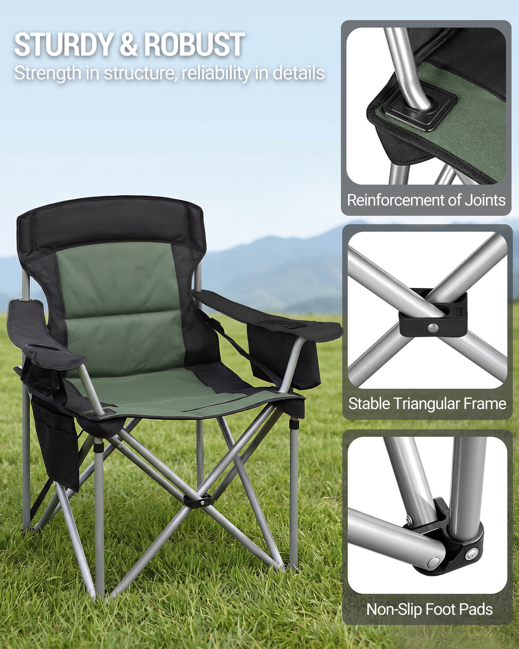 Hzuaneri Folding Camping Chair for Adults Oversized 220KG, Heavy Duty Padded Camping Chair with Adjustable Lumbar Support, Cooler Bag, Cup Holder for Garden Balcony Fishing Black and Green CC00299EAG