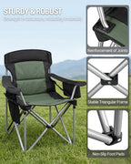 Hzuaneri Folding Camping Chair for Adults Oversized 220KG, Heavy Duty Padded Camping Chair with Adjustable Lumbar Support, Cooler Bag, Cup Holder for Garden Balcony Fishing Black and Green CC00299EAG