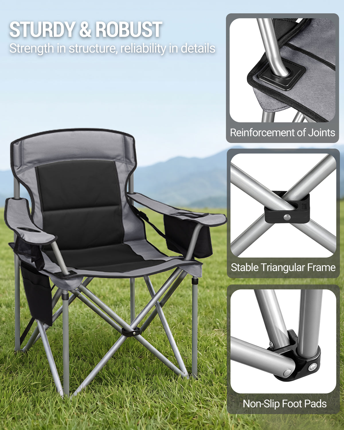 Hzuaneri Folding Camping Chair for Adults Oversized 220KG, Heavy Duty Padded Camping Chair with Adjustable Lumbar Support, Cooler Bag, Cup Holder for Garden Balcony Fishing Black and Grey CC00299EGR