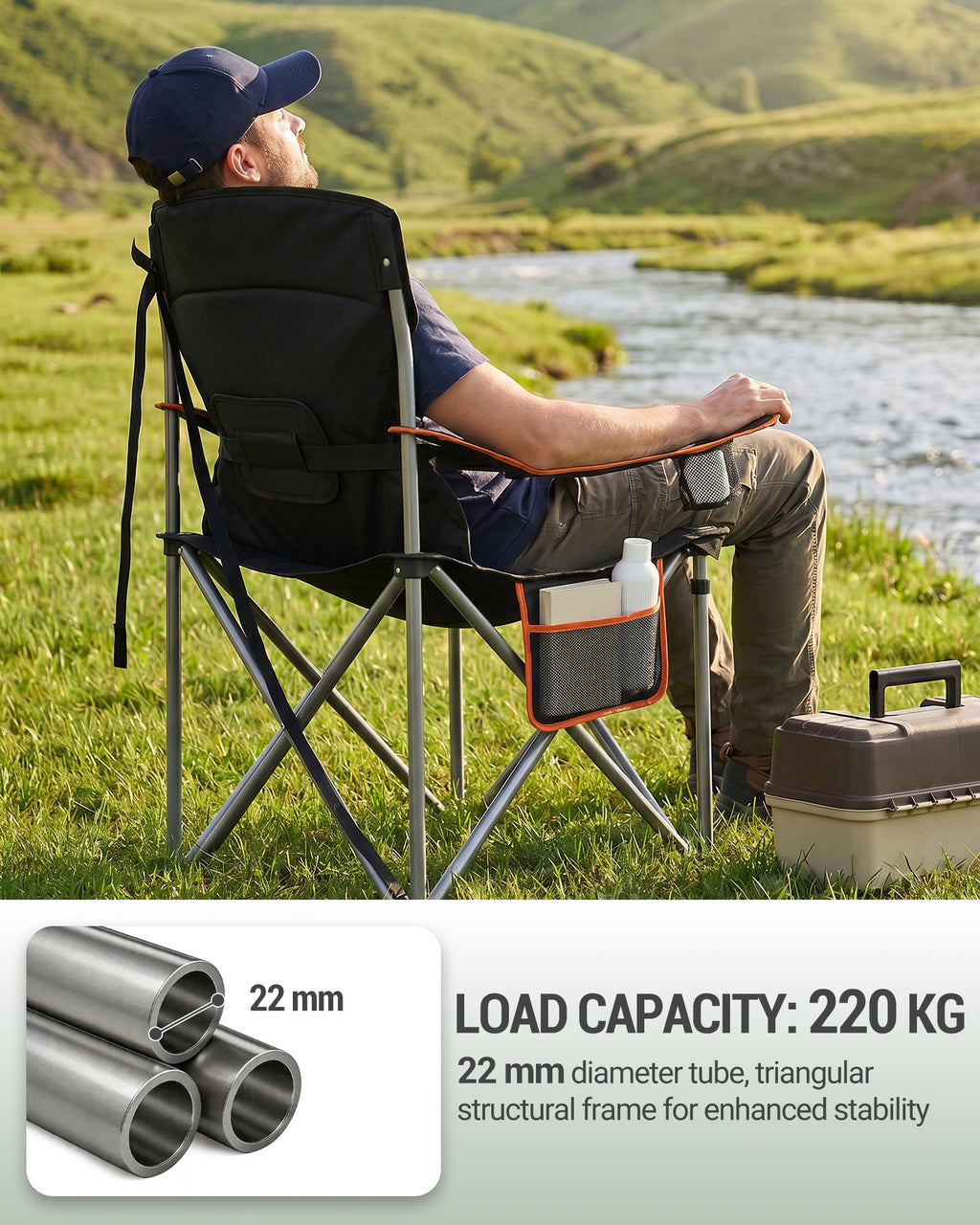 Hzuaneri  Camping Chair, 220 kg Foldable Camping Chair with Cool Bag, Drink Holder, Carry Bag, High-Backed Chair, Comfortable Padded, Fishing Chair, Folding Chair, Garden, Balcony, Beach CC00299EO