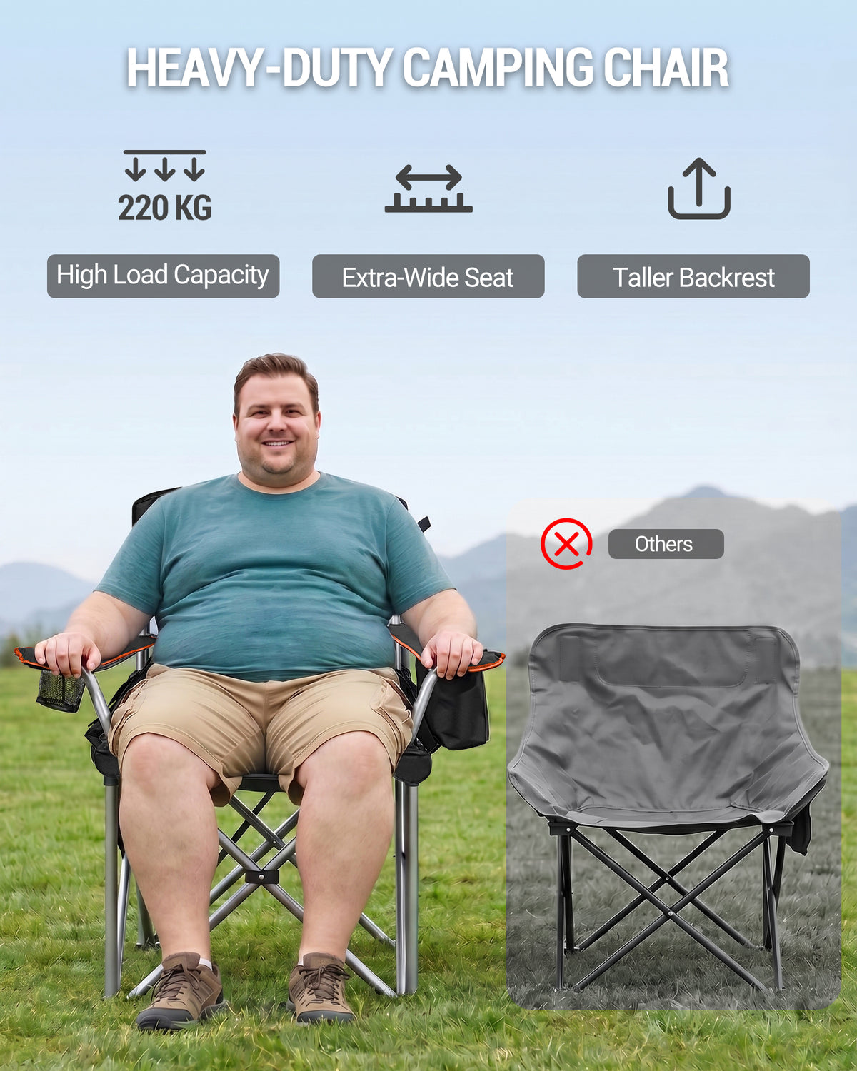 Hzuaneri  Camping Chair, 220 kg Foldable Camping Chair with Cool Bag, Drink Holder, Carry Bag, High-Backed Chair, Comfortable Padded, Fishing Chair, Folding Chair, Garden, Balcony, Beach CC00299EO
