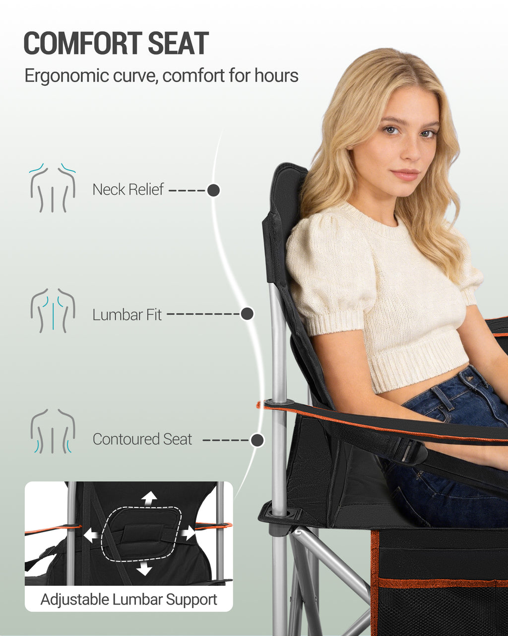 Hzuaneri  Camping Chair, 220 kg Foldable Camping Chair with Cool Bag, Drink Holder, Carry Bag, High-Backed Chair, Comfortable Padded, Fishing Chair, Folding Chair, Garden, Balcony, Beach CC00299EO