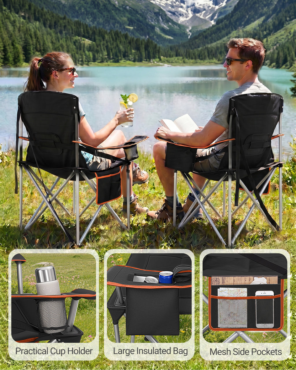 Hzuaneri  Camping Chair, 220 kg Foldable Camping Chair with Cool Bag, Drink Holder, Carry Bag, High-Backed Chair, Comfortable Padded, Fishing Chair, Folding Chair, Garden, Balcony, Beach CC00299EO