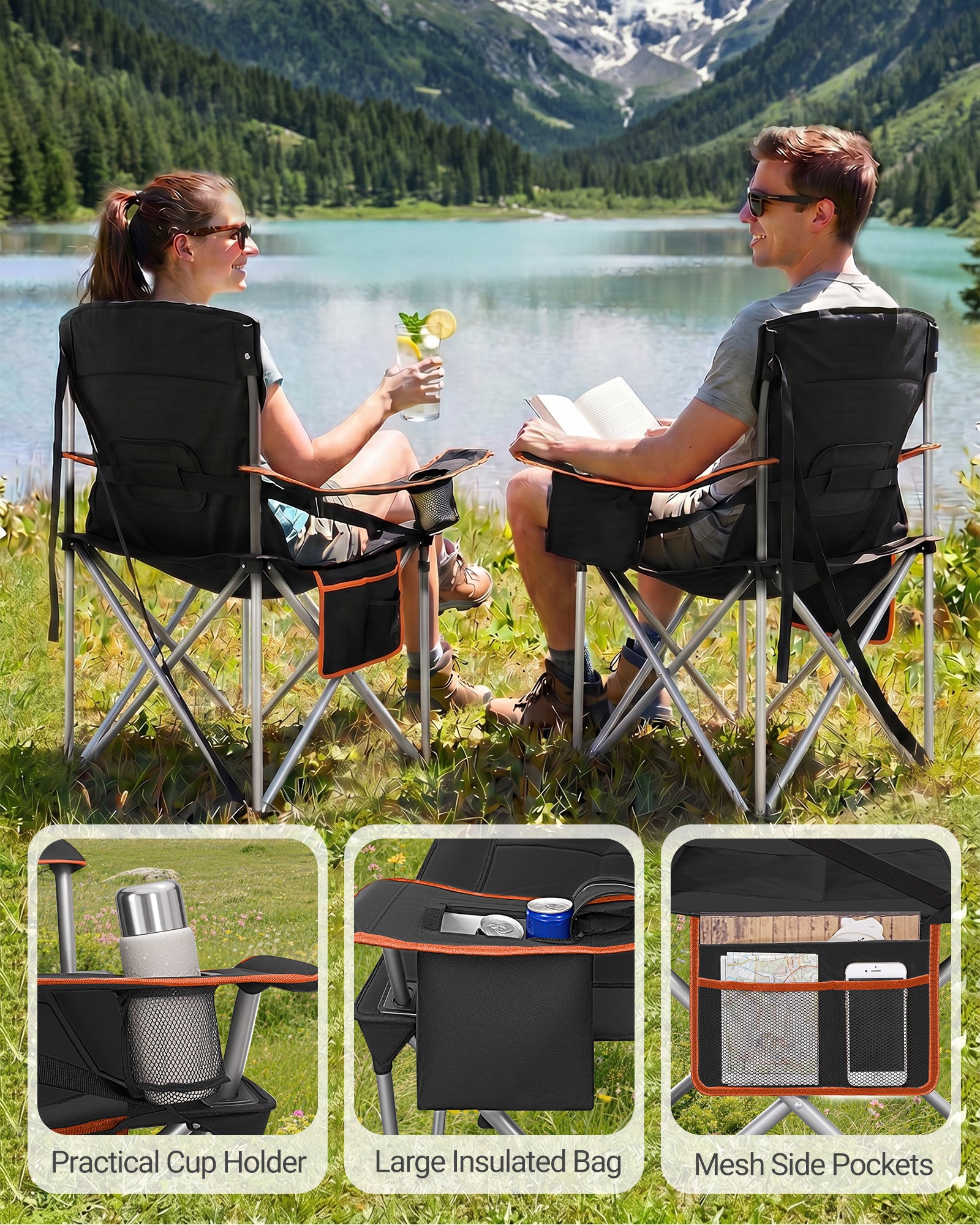 Hzuaneri  Camping Chair, 220 kg Foldable Camping Chair with Cool Bag, Drink Holder, Carry Bag, High-Backed Chair, Comfortable Padded, Fishing Chair, Folding Chair, Garden, Balcony, Beach CC00299EO