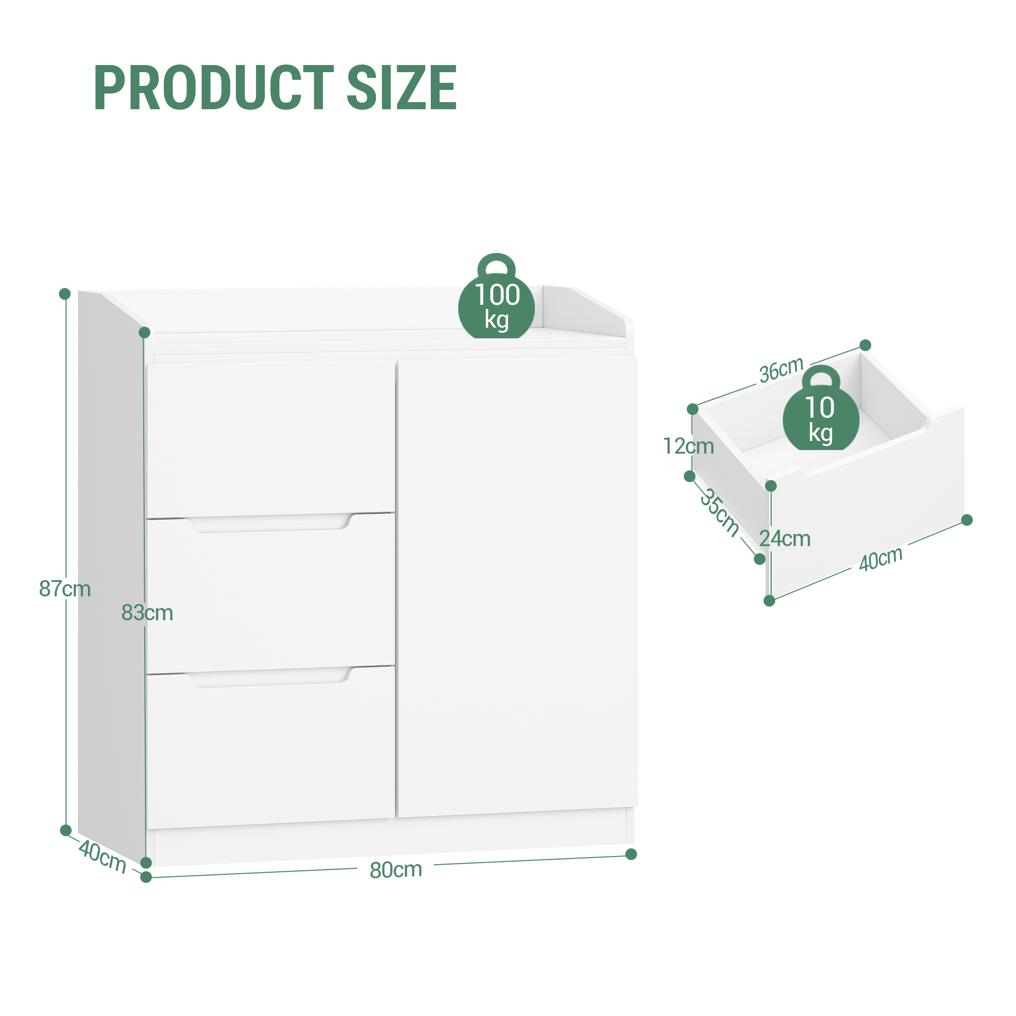 Hzuaneri Chest of Drawers, Chest of Drawers with 3 Drawers and 1 Door, Side Cabinet with Work Surface, Drawer Cabinet, Modern Style, Suitable for Living Room and Bedroom, 40 x 80 x 87 cm, White DC12303X