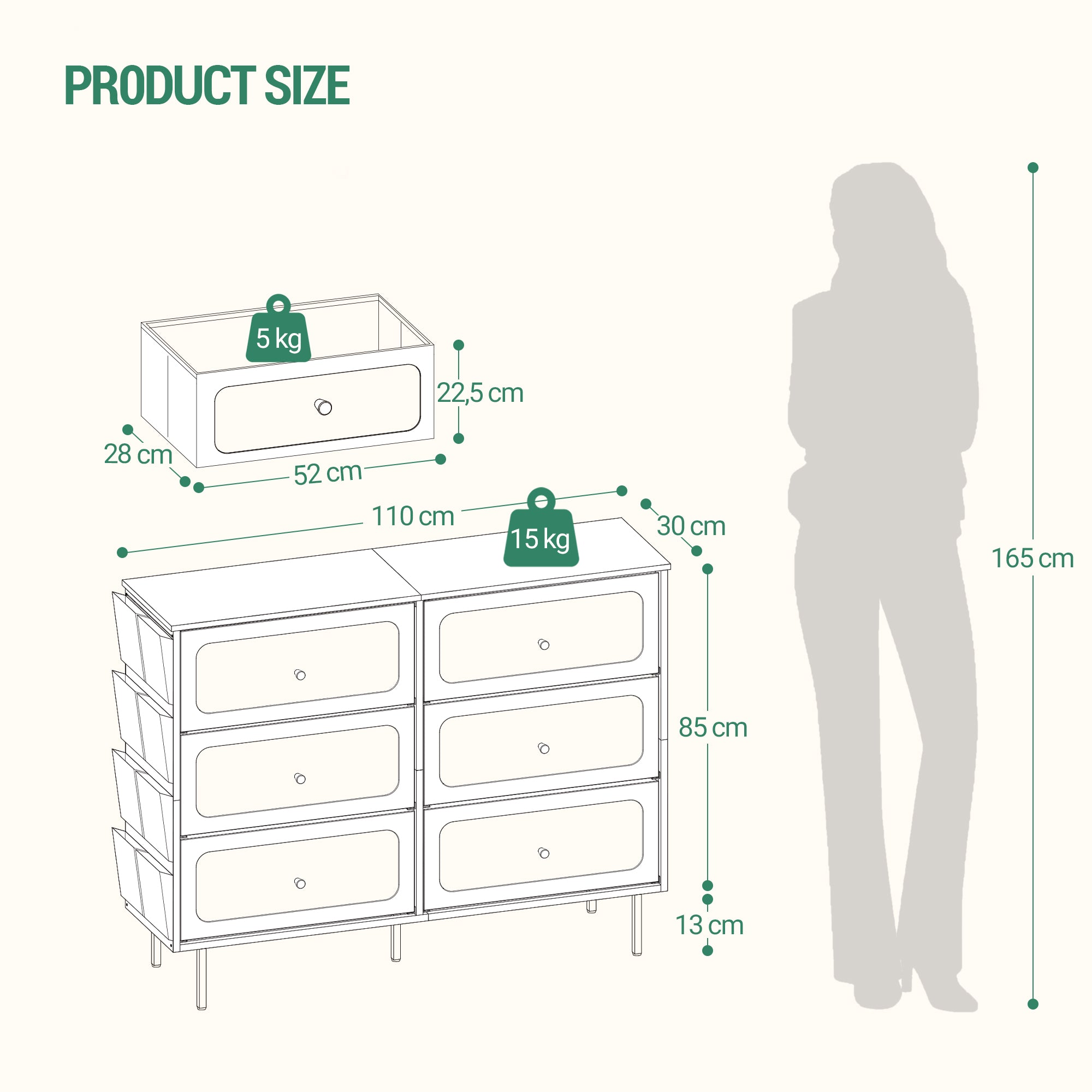 Hzuaneri Chest of Drawers 110cm, Cabinet with 6 Fabric Drawers, Multifunctional Sideboard with Fabric Storage, Metal Frame, 30 x 110 x 85 cm, for Living Room and Bedroom, Modern, White-Gold DU25813AW