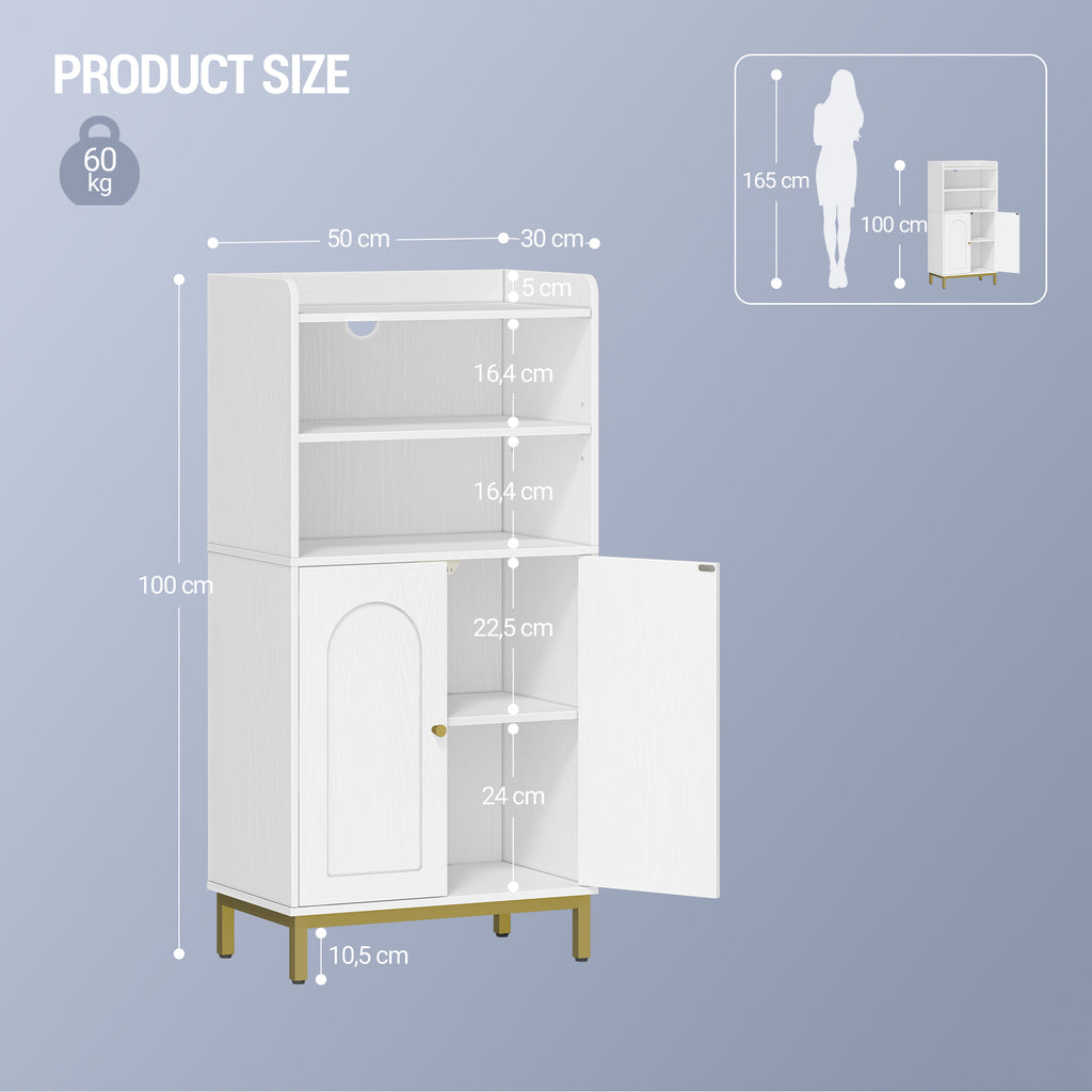 Hzuaneri Bathroom Cabinet, Bathroom Storage Unit, Kitchen Cabinet with 2 Open Compartments, 2 Doors, 2 Adjustable Shelves, Freestanding Bathroom, 30 x 50 x 100 cm, White-Gold BC58213G