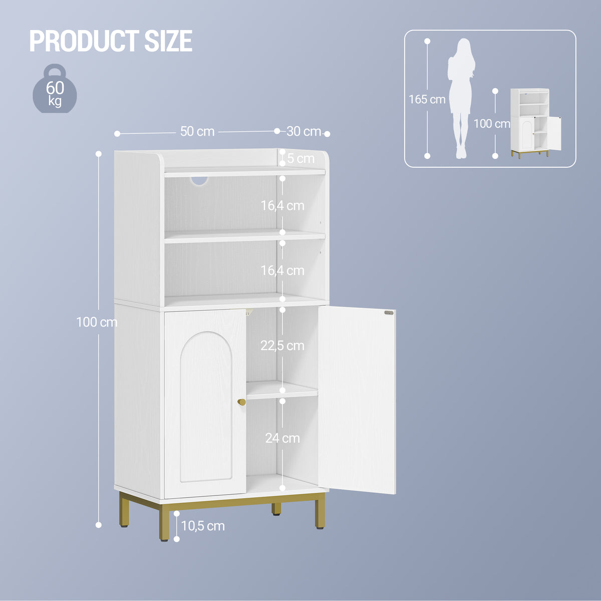 Hzuaneri Bathroom Cabinet, Bathroom Storage Unit, Kitchen Cabinet with 2 Open Compartments, 2 Doors, 2 Adjustable Shelves, Freestanding Bathroom, 30 x 50 x 100 cm, White-Gold BC58213G