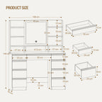 Hzuaneri Large Vanity Table with LED Lighting, 3 Colors, Brightness Control, Vanity Table with Mirror, 9 Drawers, 9 Open Shelves, Modern Style, White-Brown DT41914X