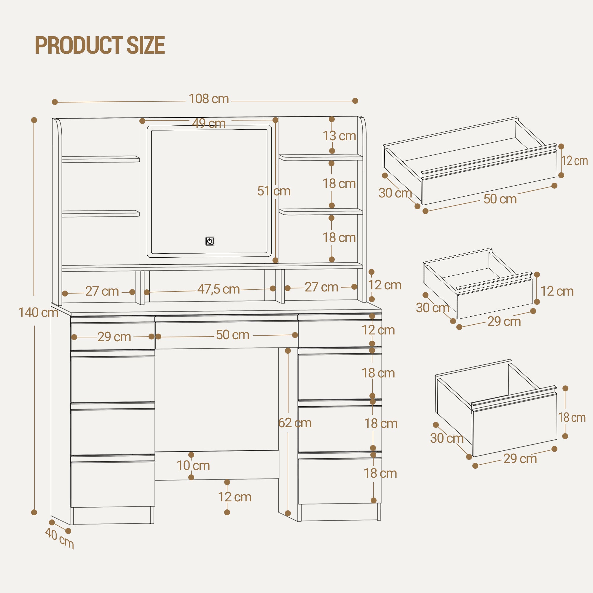 Hzuaneri Large Vanity Table with LED Lighting, 3 Colors, Brightness Control, Vanity Table with Mirror, 9 Drawers, 9 Open Shelves, Modern Style, White-Brown DT41914X