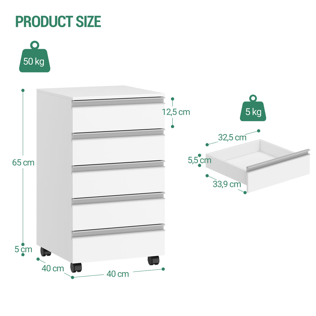 Hzuaneri rolling container, mobile filing cabinet, drawer cabinet with 5 drawers, storage cabinet for office and home office, white 40 x 40 x 70 cm FC55503X