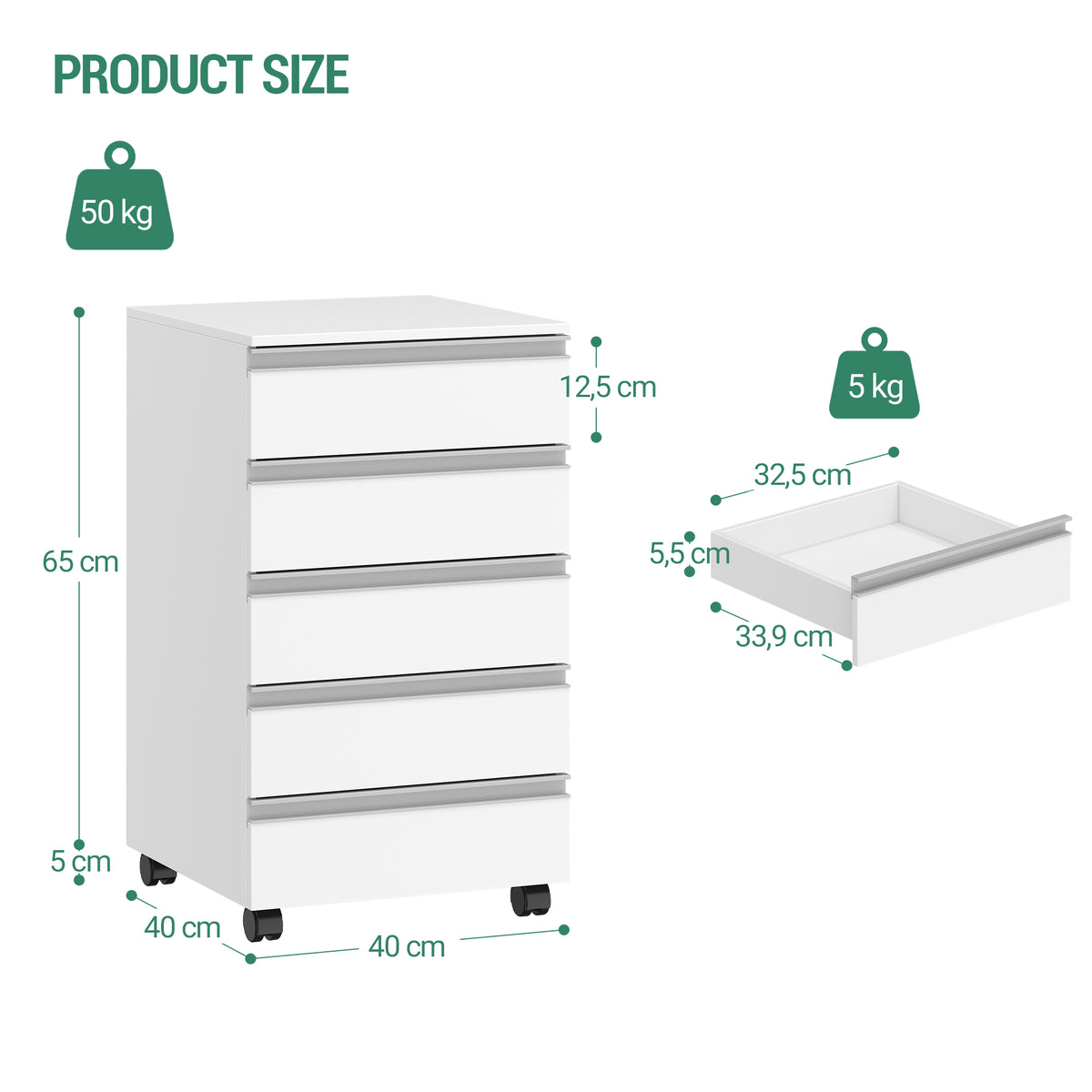 Hzuaneri rolling container, mobile filing cabinet, drawer cabinet with 5 drawers, storage cabinet for office and home office, white 40 x 40 x 70 cm FC55503X