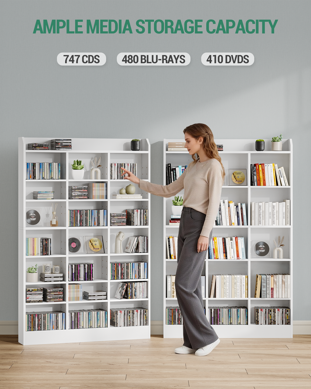 Hzuaneri CD Shelf, DVD Shelf, 8-Tier Open CD Stand with 15 Adjustable Shelves, Manga Shelf, Suitable for Living Room and Study, 17 x 100 x 154.5 cm, White CR18003X
