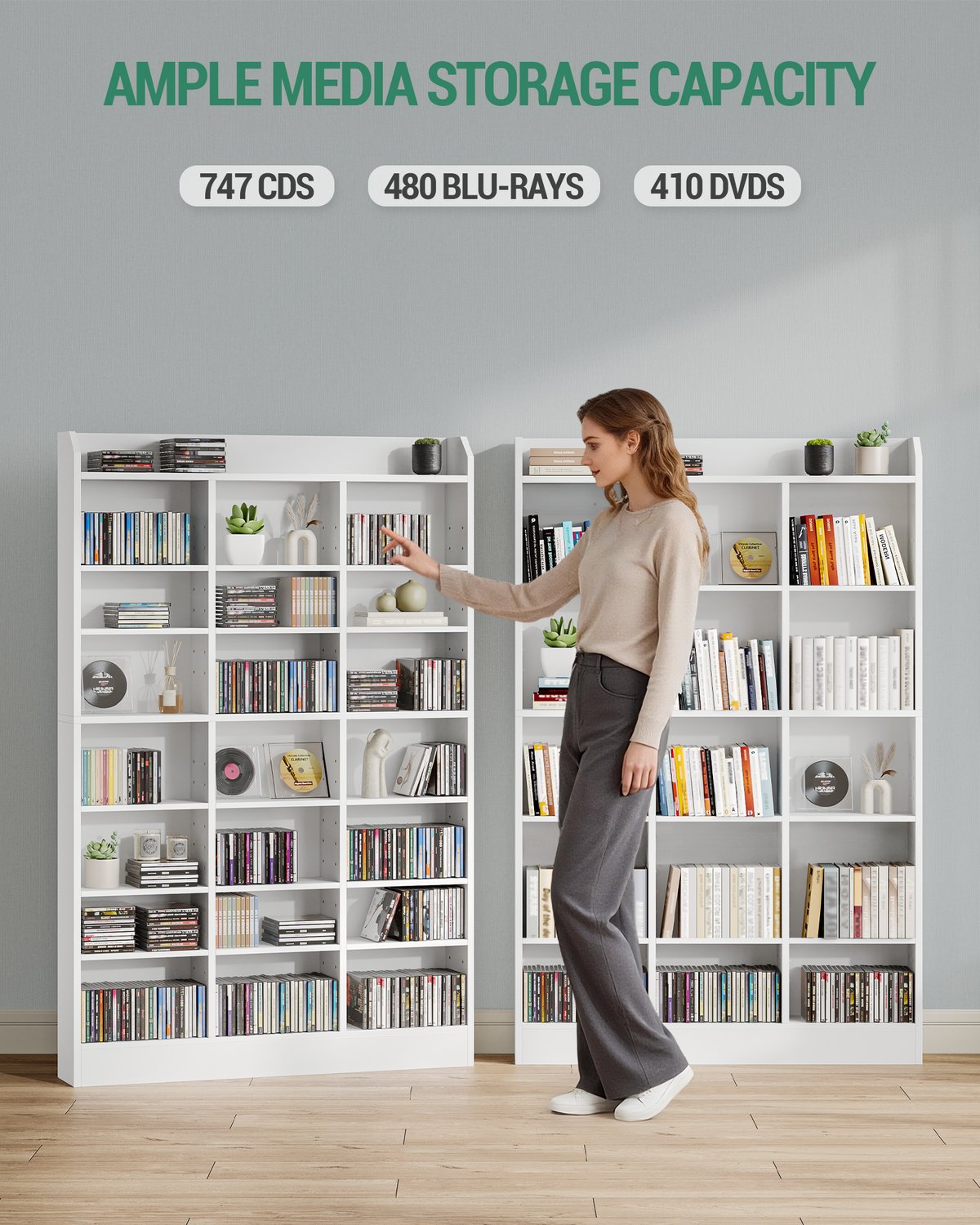 Hzuaneri CD Shelf, DVD Shelf, 8-Tier Open CD Stand with 15 Adjustable Shelves, Manga Shelf, Suitable for Living Room and Study, 17 x 100 x 154.5 cm, White CR18003X