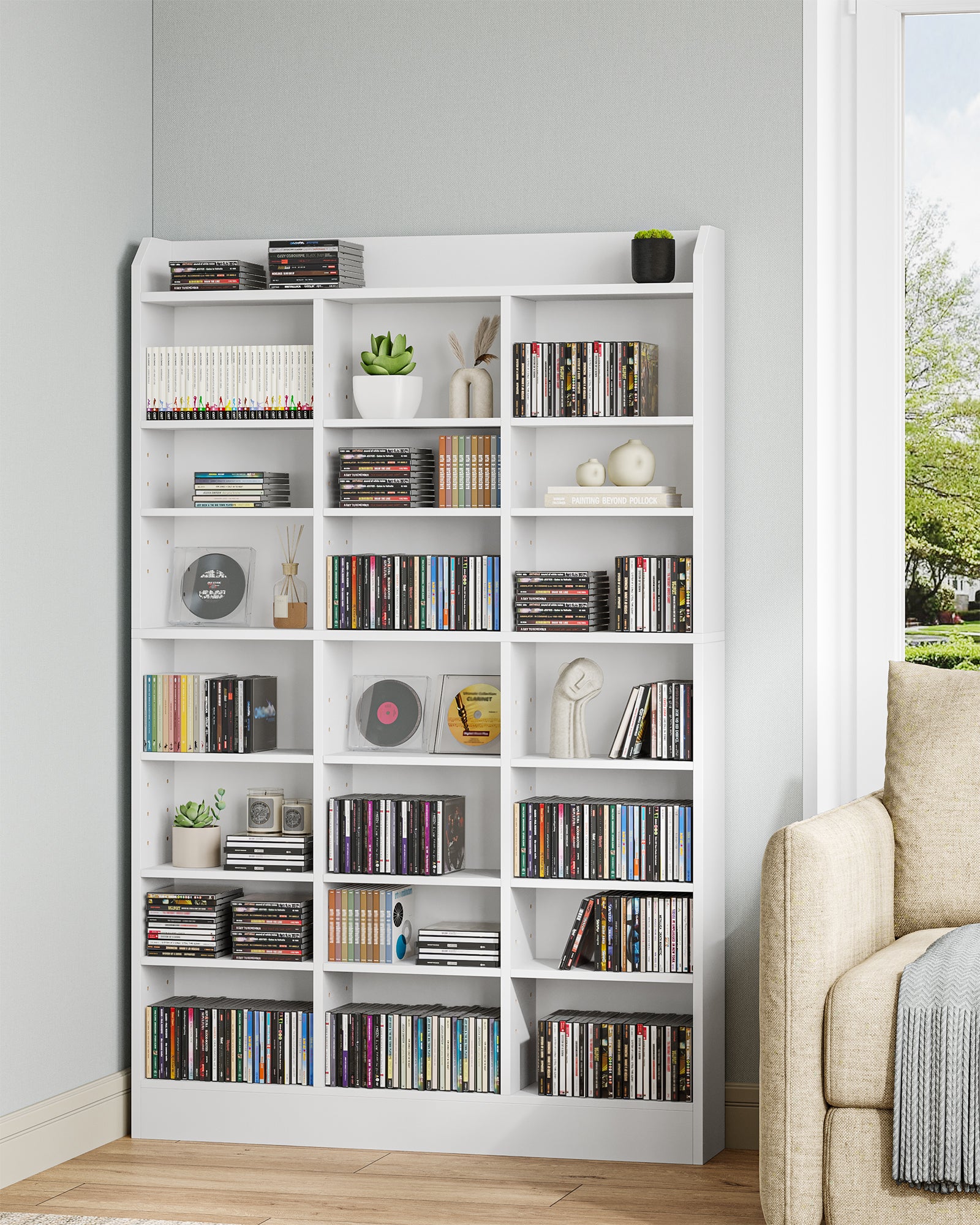 Hzuaneri CD Shelf, DVD Shelf, 8-Tier Open CD Stand with 15 Adjustable Shelves, Manga Shelf, Suitable for Living Room and Study, 17 x 100 x 154.5 cm, White CR18003X
