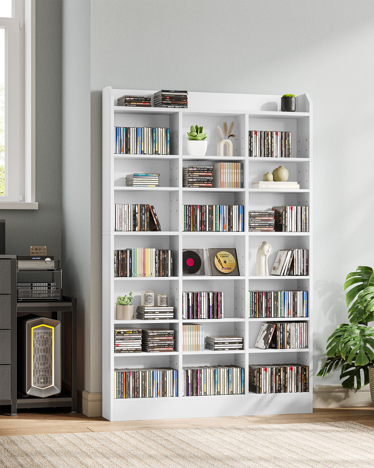 Hzuaneri CD Shelf, DVD Shelf, 8-Tier Open CD Stand with 15 Adjustable Shelves, Manga Shelf, Suitable for Living Room and Study, 17 x 100 x 154.5 cm, White CR18003X
