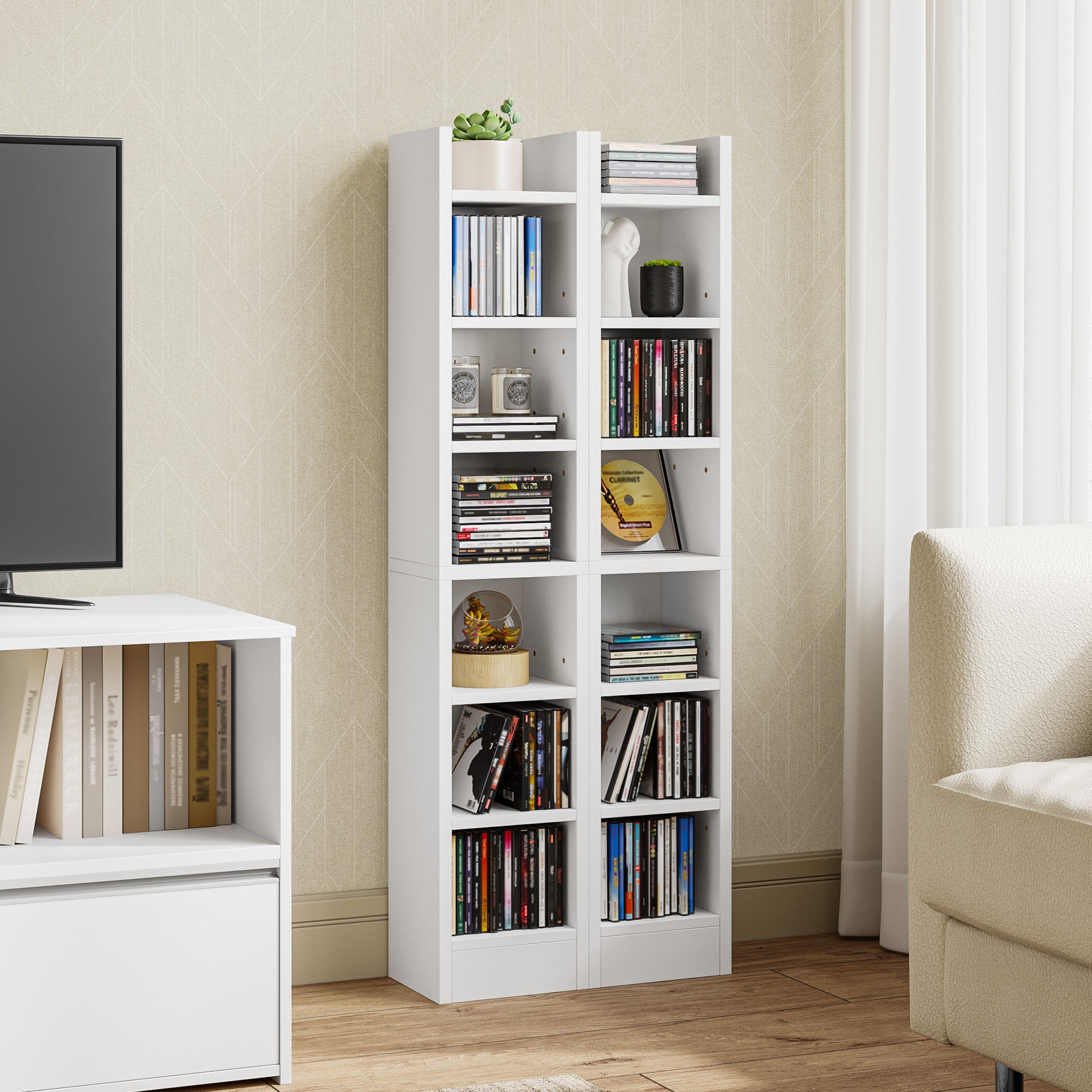 Hzuaneri CD Shelf, DVD Shelf, 14-Tier Open CD Stand, Manga Shelf, Bluray Shelf, Freestanding Shelf, Stand or Display Case, for Living Room, Study, 17 x 20 x 213 cm, White CR21403X