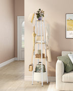 Hzuaneri Coat Stand, Coat Rack with 16 Hooks and 1 Basket, Metal Coats Hall Tree for Scarves, Bags, Hats, FreeStanding, Hallway, Living Room, Bedroom, Office, White Oak CR27316W
